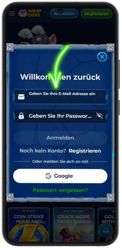 Login im God of Coins Casino mit E-Mail und Passwort