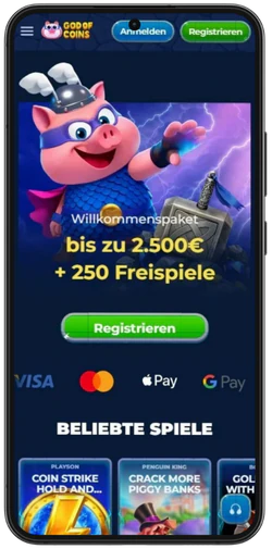Offizielle Seite von God of Coins Casino im Browser öffnen