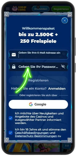 Registrierungsformular im God of Coins Casino ausfüllen
