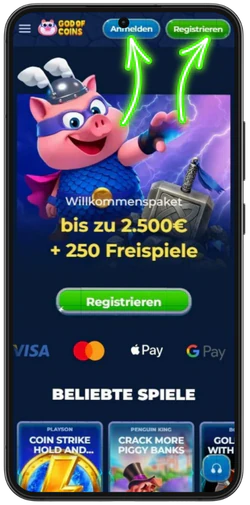 Anmelden-Button im God of Coins Casino oben auf der Seite